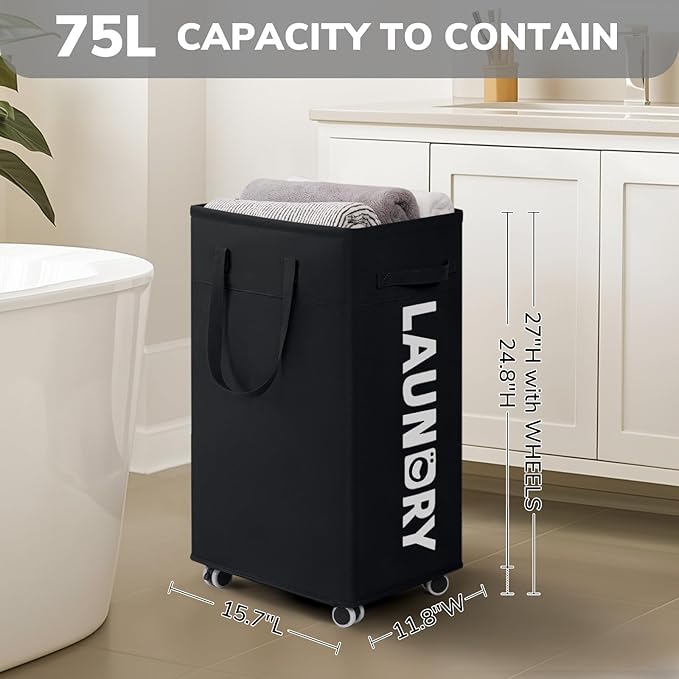 Goodpick Laundry Basket with Wheels, 2-Pack 75L Rolling Laundry Hamper with Removable Wash Bags, Collapsible Laundry Basket for Corner Dorm, Black