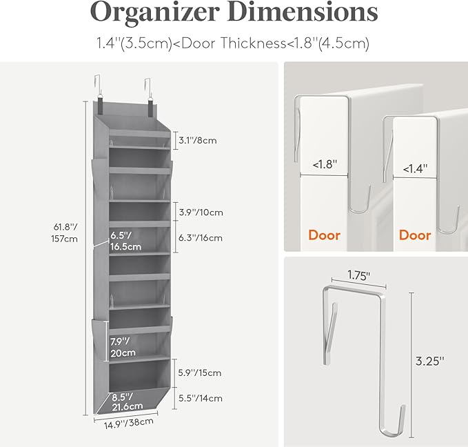 Lifewit 1 Pack Over the Door Organizer, Clear Window Hanging Storage with 4 Mesh Side Pockets, Anti Tilt 40 lbs Load Behind Door for Pantry, Nursery, Bathroom, Bedroom, Dorm, 6 Section, Light Gray