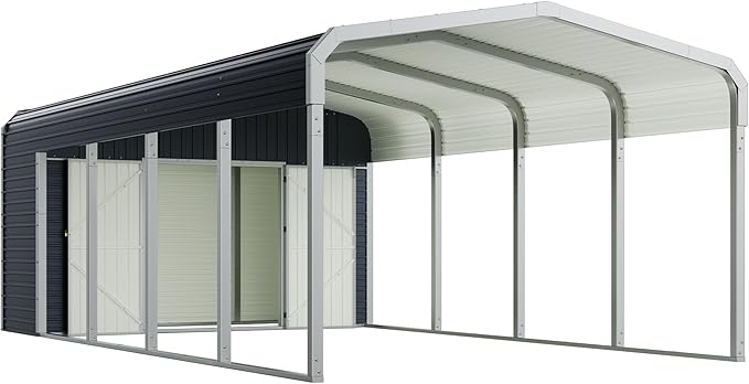 Jocisland 12x24 FT 2-in-1 Carport & Storage Shed, Heavy Duty Carport with Galvanized Steel Roof, 12x4.2 FT Metal Shed with 2 Transparent Panels & Double Doors, Car Canopy for Cars, Boats, Trucks