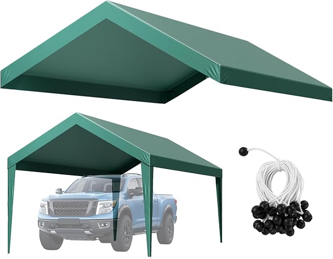 VEVOR Carport Replacement Canopy Cover, 10 x 20 ft Potable Garage Tent Top Tarp, UV-Resistant & Waterproof Car Shelter Tarp, Heavy Duty Car Port Cover with Ball Buggees, Dark Green, Frame Not Included