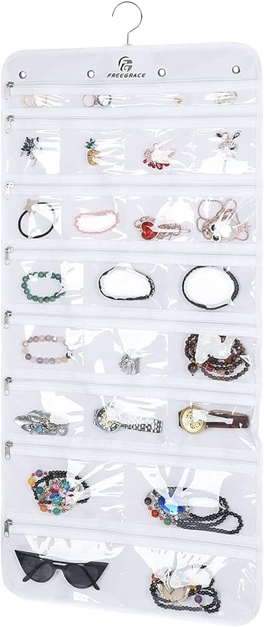 Freegrace Hanging Jewelry Organizer Revolving Hanger - Secure Zipper Closure - 25 Pockets,23 Hooks - Foldable Storage & Display Solution - For All Jewelry & Bijoux (White)