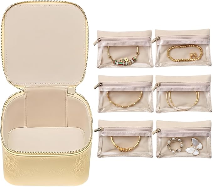 Leather Jewelry Boxes for Travel, leather jewelry travel case, small jewelry pouchs zipper for women, travel jewelry bag organizer (Beige)