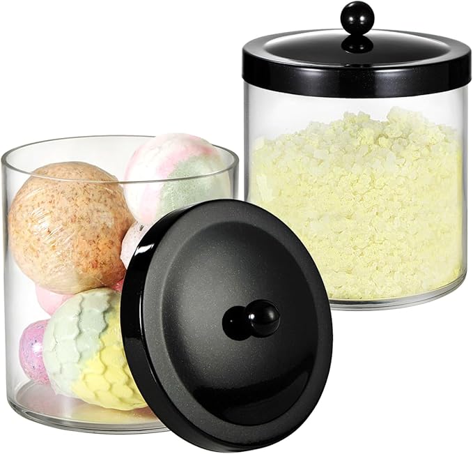 4 Pack 50Oz Large Plastic Apothecary Jar with Black Stainless Steel Lid - Shatterproof Laundry Pods Container - Modern Industrial Bathroom & Kitchen Storage Organizer for Scent Beads, Bath Bombs