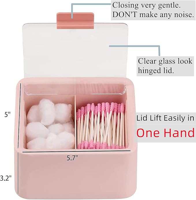 Tecbeauty Qtips Storage Organizer - 2 Grids Separate Cotton Swabs Dispenser Qtips Holder Bathroom Canisters with Hinged Lids for Cotton Balls, Pads, Pink