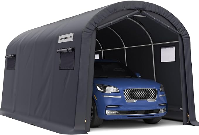 KING BIRD 10' x 20' Round Style Garage Shelter with Roll-up Ventilated Windows Heavy Duty Storage Carport Portable Canopy Storage Shelter Shed for Boat, Patio Furniture and Lawn Mower-Dark Gray