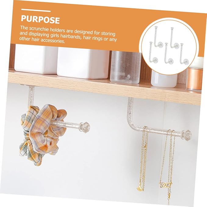 Amosfun 5Pcs Adhesive Scrunchie Holders Clear Glitter Hair Accessories Organizers Wall-mounted Scrunchy Sticks for Headbands Hair Ties Jewelry and More