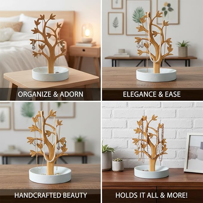 Decozen Jewelry Organizer Hanging Tree Stand - Necklace Holder Jewelry Organizer For Women with a Ring Dish Tray for Mothers Day Gifts, Valentines Day Gifts for Her, Gift for Mom, Home Decor