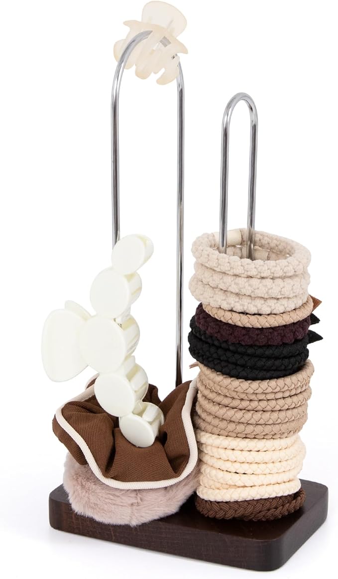 Scrunchine Holder Stand, 2 Tier Hair Tie Tower Hold 50~70 Scrunchies,Claw Clip Holder, Modern Fashion Hair Ties Organizer Storage for Girls, Women, Display(Walnut Color)
