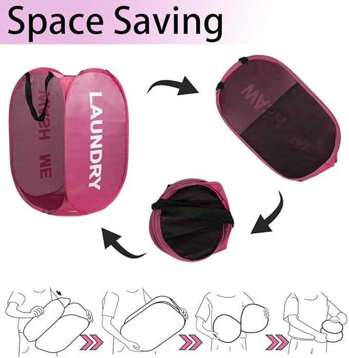 2 Pack Mesh Pop Up Laundry Hamper Collapsible Laundry Basket Pink Dirty Clothes Basket for Laundry Room, College Dorm, Bedroom, Travel