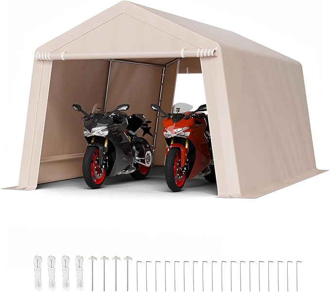 VEVOR 10 × 15 ft Outdoor Storage Shed Tent with Heavy-Duty Steel Frame, 2 Roll-Up Doors & Air Vents, Waterproof Portable Garage Carport Shelter for Motorcycle, Lawn Mower, Garden Tools – Beige