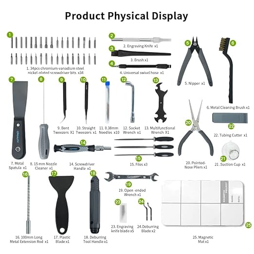 Creality 3D Printer Tool Kit, 74 Pcs in 1 3D Printing Tool Kit Includes Deburring Tool, Nozzle Cleaning Kit, Screwdriver Kit, Removal/Assembly Tools, 3D Printer Tool Wrap Kit Pro for All Printers