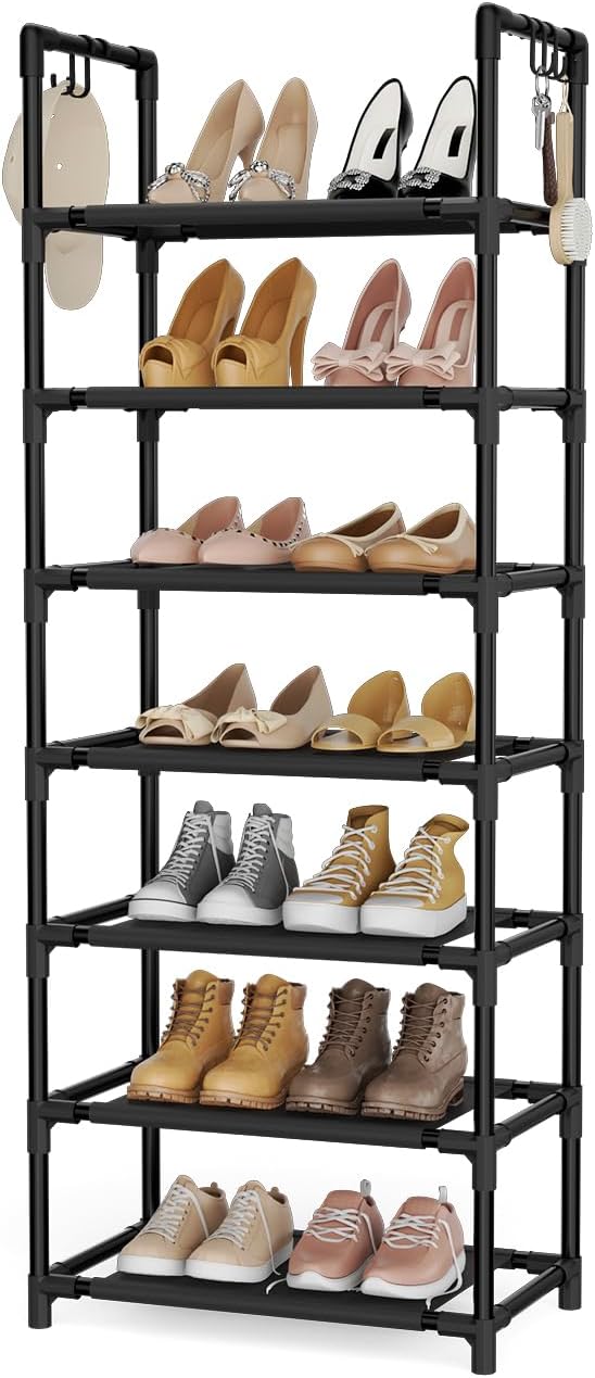 7 Tiers Shoe Rack 18-20 Pairs Boots Organizer Storage Sturdy Narrow Shoe Shelf for Entryway, Closets with Hooks, Black