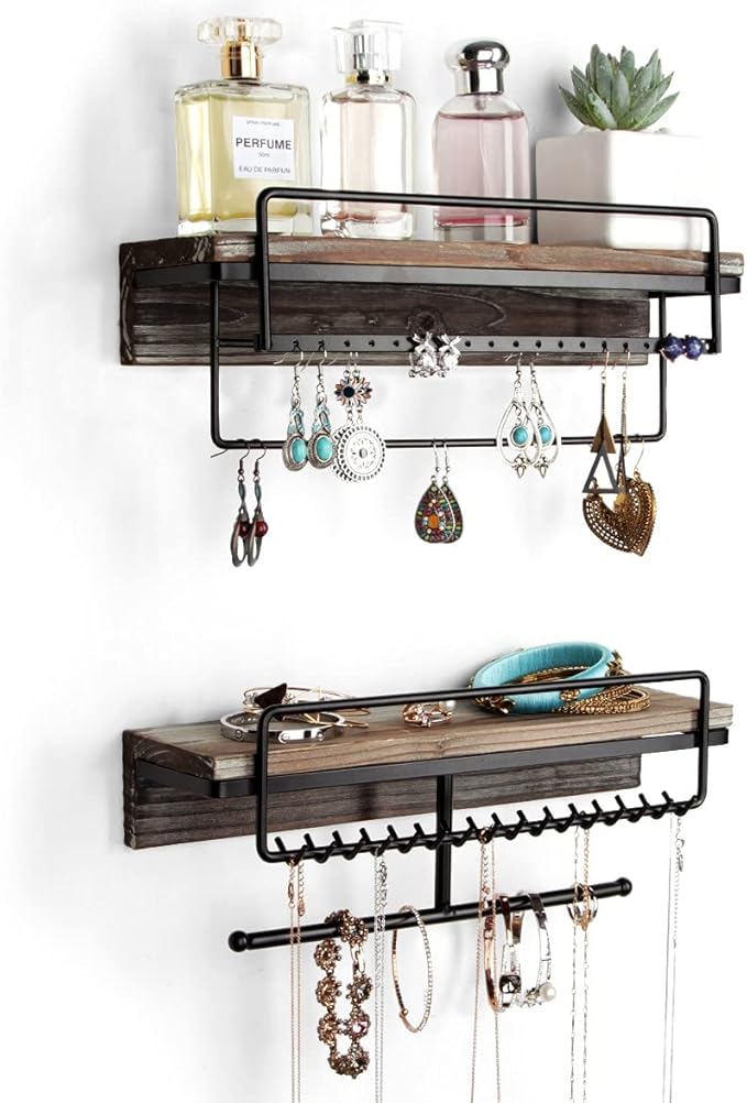 J JACKCUBE DESIGN Rustic Wood 2 Tier Jewelry Organizer, Hanging Wall Mount Accessories Display Rack for Earrings, Necklaces, Breacelet, Rings, Scrunchies with Shelf- MK628A (Rustic Wood)