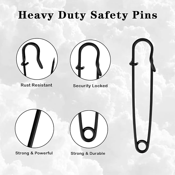 15Pcs Large Safety Pins, 3‘’ Heavy Duty Steel Safety Pins for Clothes, Ideal for Leather, Canvas, and Wool, Sharp Tip for Secure Hold, Perfect for Clothing, Diapers, Blankets, and More, Black