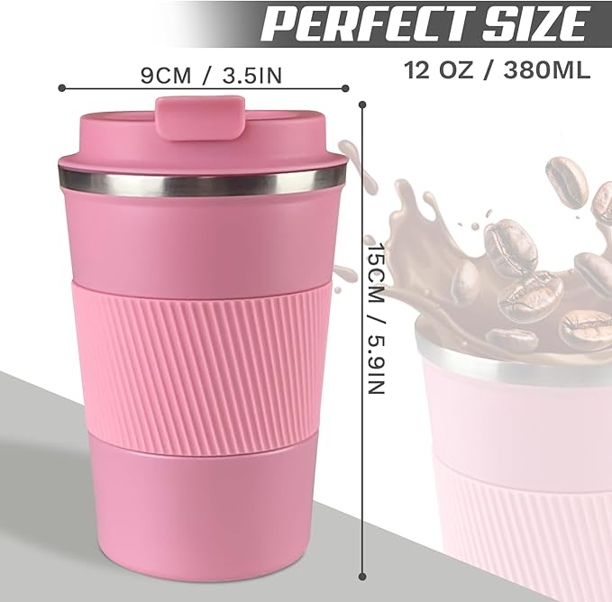 Vacuum-Insulated Stainless Steel Travel Coffee Mug, Leak-Proof Reusable Coffee Cup with Lid - Keep Hot & Cold Drinks for Hours, Durable Insulated Tumbler for Men & Women(3rd-Pink, 12OZ)
