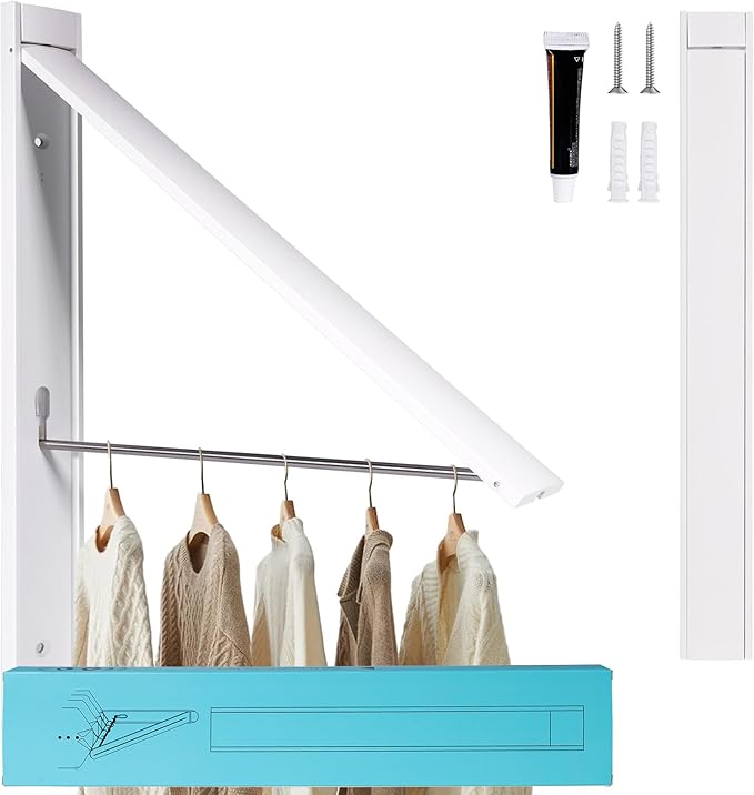 Retractable Clothes Drying Rack，Space Saver Wall Mounted Folding Hanger for Laundry Room, Closet Storage Organization, Easy Installation Aluminum Dryer White