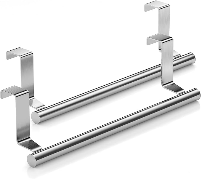 Stainless Steel Over Door Towel Rack Bar Holders for Universal Fit on Over Cabinet Cupboard Doors 2 Pack (Sliver)