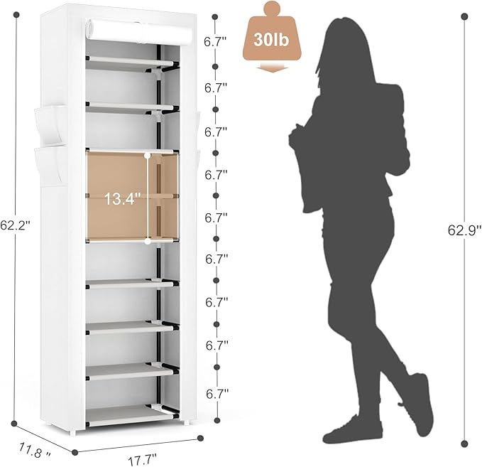 Shoe Rack with Cover Narrow Shoe Rack Organizer with 4 Side Pockets 10 Tier Tall Shoe Storage Shoe Shelf Holds 18-22 Pairs Shoes and Boots Shoe Rack for Closet, White