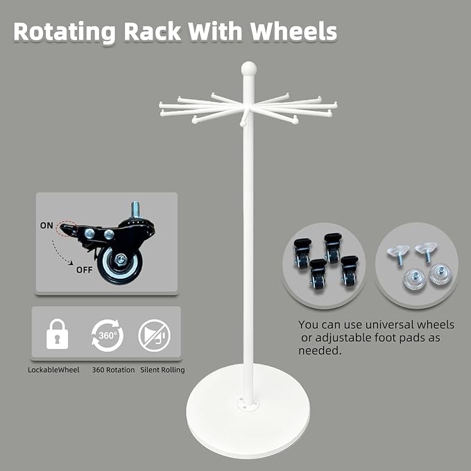 23-Inch Heavy-Duty Metal Rotating Rack - 12-Arm Freestanding Organizer with Wheels & Adjustable Pad Base for Scarf, Bag & Fabric - Ideal for Boutique, Retail & Home, White