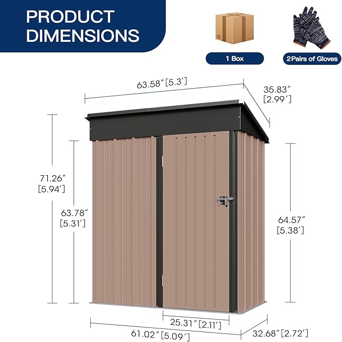 Aoxun 5x2.7 FT Shed Outdoor Storage Shed Metal Tool Shed with Door and Lock Outdoor Shed for Garden, Backyard, Poolside, Brown