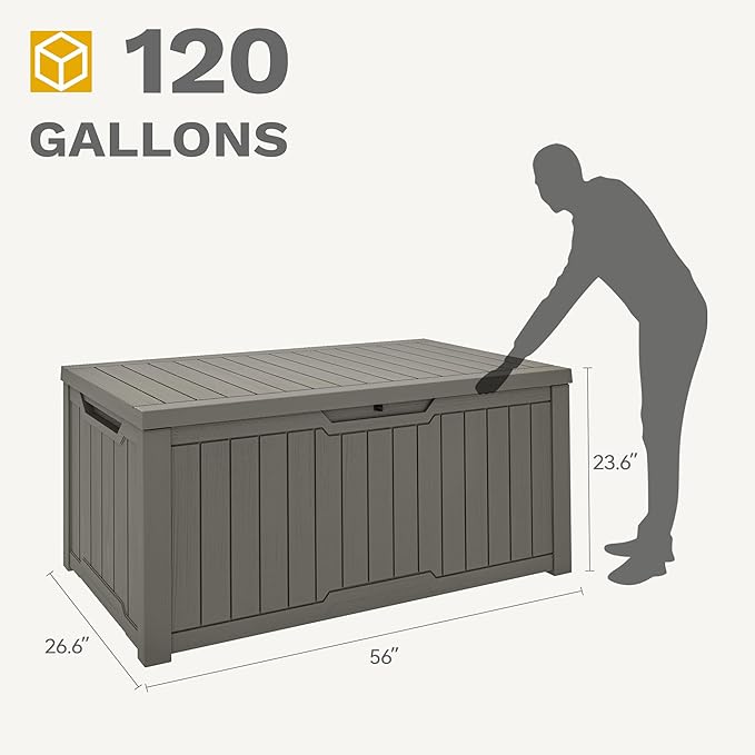 DWVO 120 Gallon Outdoor Storage Deck Box, Weather-Resistant Resin, Versatile for Patio Furnishings, Outdoor Cushions, Garden Tools, and Sports/Pool Gear (Light Brown)
