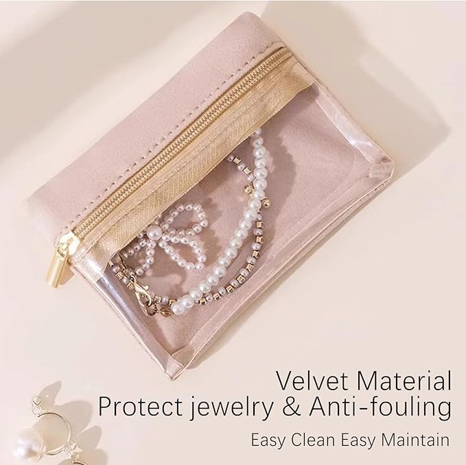 Small Jewelry Pouch Travel Organizer Bags with Soft Velvet and Zipper, 6PCS Pocket Storage Bag Case Purse Organizer for Women Girl Grandma Gift（ beige）