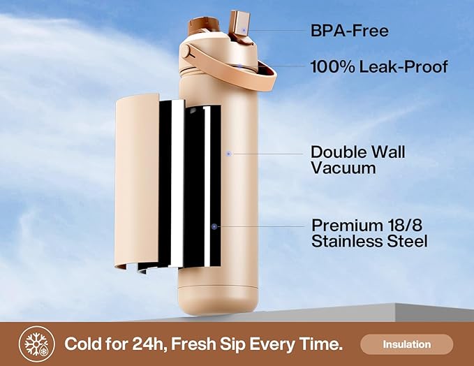 POWCAN 26 oz Insulated Water Bottle with 2-in-1 Straw and Spout Lid, Keep Cold 24H, Leak-Proof, Fits in Car Cup Holder, Stainless Steel Water Bottle for Sports, Travel, Gym, and School (Mocha)