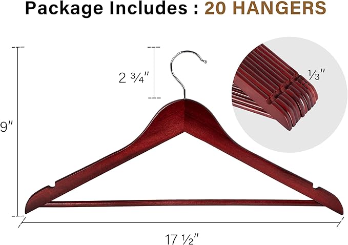 StorageWorks Wooden Hangers 20 Pack, Wood Coat Hangers for Closet, Heavy Duty Clothes Hangers for Suits, Shirts, Pants, Jackets, Dark Cherry Color