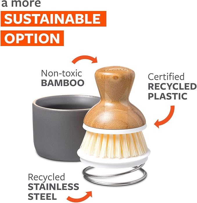 Full Circle Bubble Up- Eco-Friendly Bamboo Dish Brush & Ceramic Soap Dispenser - Natural Scrub Set for Dishes, Cast Iron - Kitchen Cleaning with Handle, Gray - 2 Pack