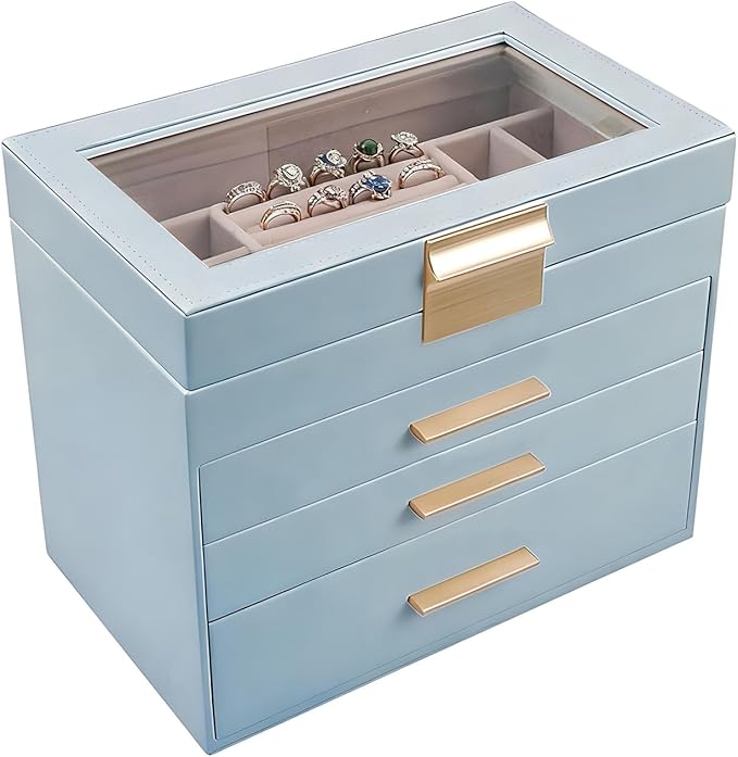5 Layer Jewelry Box for Women, Glass Lid Jewelry Organizer with 5 Drawers for Necklaces Rings Earrings Bracelets - White (Gray blue)