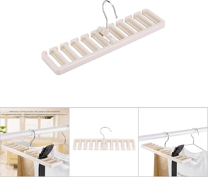10 Slot Tie Belt Scarf Rack Organizer Sturdy Plastic Closet Wardrobe Space Saver Multifunctional Rotating Hanger for Ties Belts Scarves Accessories Black Brown Beige 30.5 x 7.3 x (Beige)