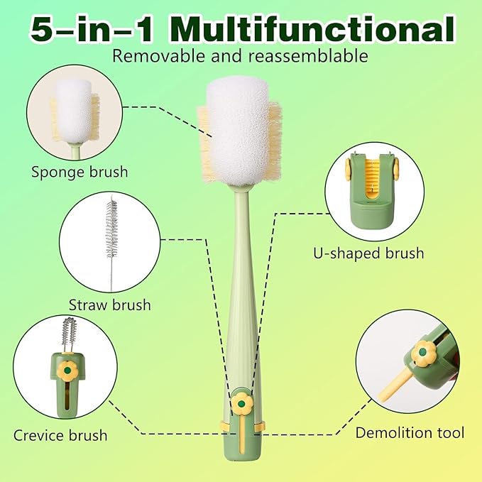 5-in-1 Bottle Cleaning Brush Set, Multifunctional Kitchen Lid Scrubber with Long Handle, Portable Brush Tools for Cups, Hard Bristle Sponge Head(2 Pack)