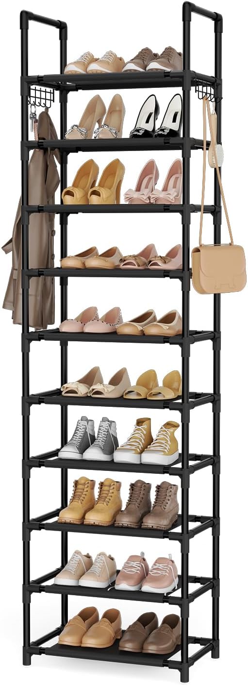 10 Tiers Shoe Rack 25 Pairs Large Capacity Tall Shoe Organizer Sturdy Shoe Storage with Two Hooks Space Saving Metal Narrow Shoe Rack for Closet, Entryway, Bedroom, Black