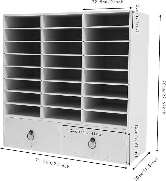 Literature Organizer, 24-Compartment Paper Organizer with 2 Drawers, Storage Cabinet, Mail Sorter for Office Classroom Home, Adjustable Shelves & Lockable Design (White)
