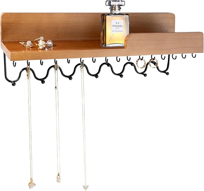 29 Hooks Wall Mount Necklace Holder Organizer, Natural Decorative Wood Jewelry Shelf with Gold Metal Wave Bar and Guardrail for Necklace, Pendant, Chain, Bracelet