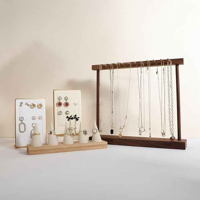 GemeShou Medium necklace hanger shelf with 12 copper bars, Wooden jewelry storage organizer rack for hanger necklace bracelet, necklace display stand for boutique store【Walnut】