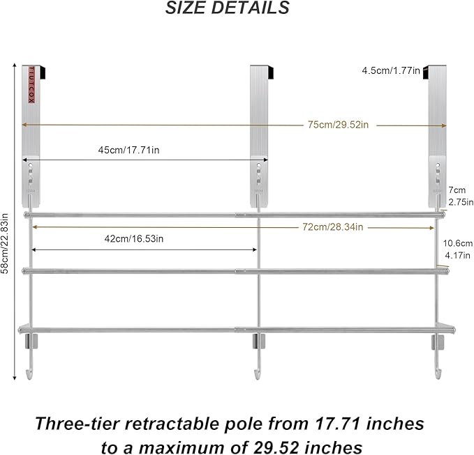 Over The Door Towel Rack, 304 Stainless Steel Towel Racks for Bathroom with 3-Tier Adjustable Pole, 2 Punch-Free Screw Stickers, 22.83 * 17.71-29.52 * 6.14 Inch, Red