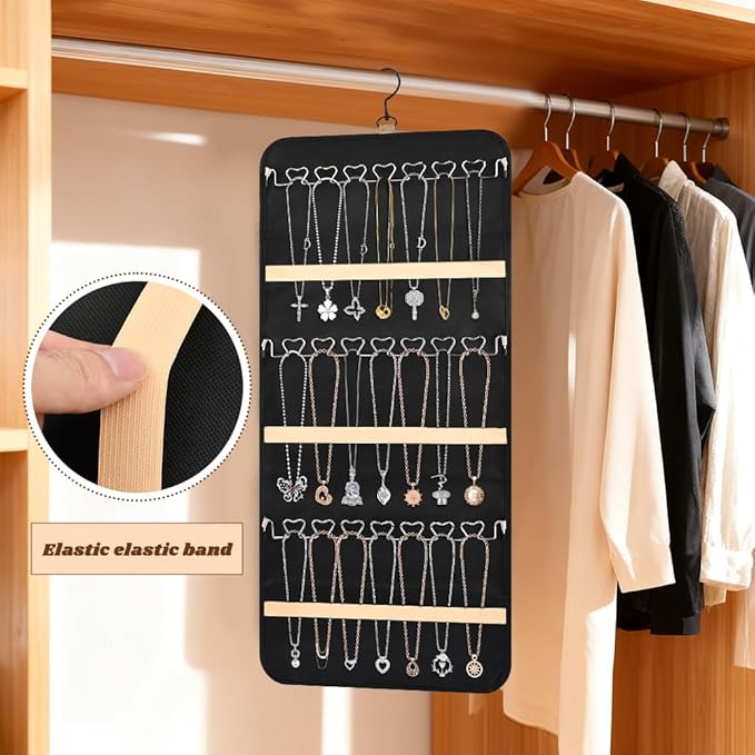 48 Pocket Oxford Fabric Double Sided Hanging Rotating Jewelry Organizer, Bracelet Necklace Jewelry Display Hanger for Closet Door, Earring Dustproof Holder Wall Mount Accessories(Black)