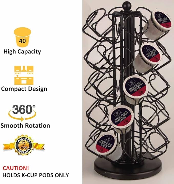 K Cup Holders,K Cup Holder, K Cups Holder,K Cup Carousel, Coffee Pods Holder Storage Organizer Stand,No Assembly Required,Black (Deluxe Version,40 Pods Capacity)