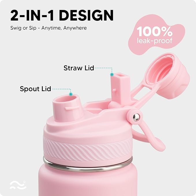 [2-IN-1 LID] Insulated Water Bottle with Silicone Boot (36hrs Cold/18hrs Hot) - DIY Stickers, Leakproof, BPA Free, 24 oz