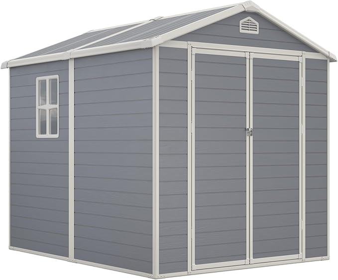 Aoxun 6x8 FT Outdoor Storage Shed, Plastic Garden Resin Shed with Floor and Window for Patio, Lawn, Outdoor Storage with Lockable Door for Bike, Garbage Can, Tools, Grey