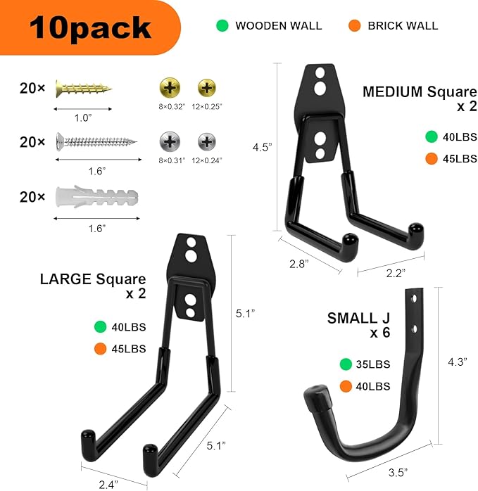 Heavy Duty Wall Garage Hooks, Steel Anti-Slip Utility Hooks Storage Organization Hangers for Ladders, Bikes, Hose, Garden Tools, Coats, Bags with Mounting Hardware Kit (Black, 10 Pack)