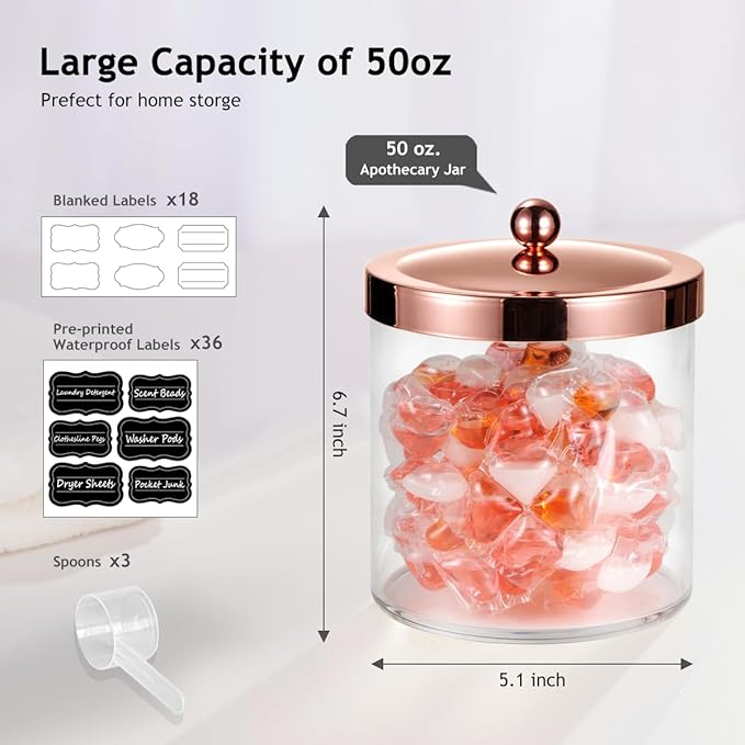 SheeChung 3 Pack 50 Oz Large Apothecary Jar with Rose Gold Rust-Proof Lid - Shatterproof Plastic Laundry Pods Container - Chic Rose Gold Bathroom & Vanity Storage Organizer for Scent Beads, Salts