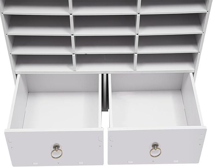 Literature Organizer, 24-Compartment Paper Organizer with 2 Drawers, Storage Cabinet, Mail Sorter for Office Classroom Home, Adjustable Shelves & Lockable Design (White)