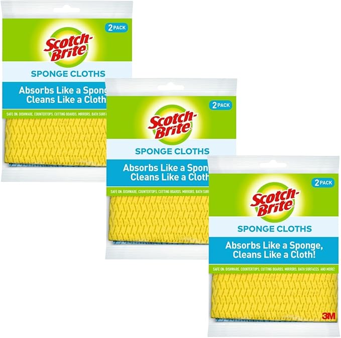 Scotch-Brite Sponge Cloth – 6-Pack (3 Packs of 2 Each), Reusable and Washable, Highly Absorbent, Multi-Purpose Cleaning Cloths