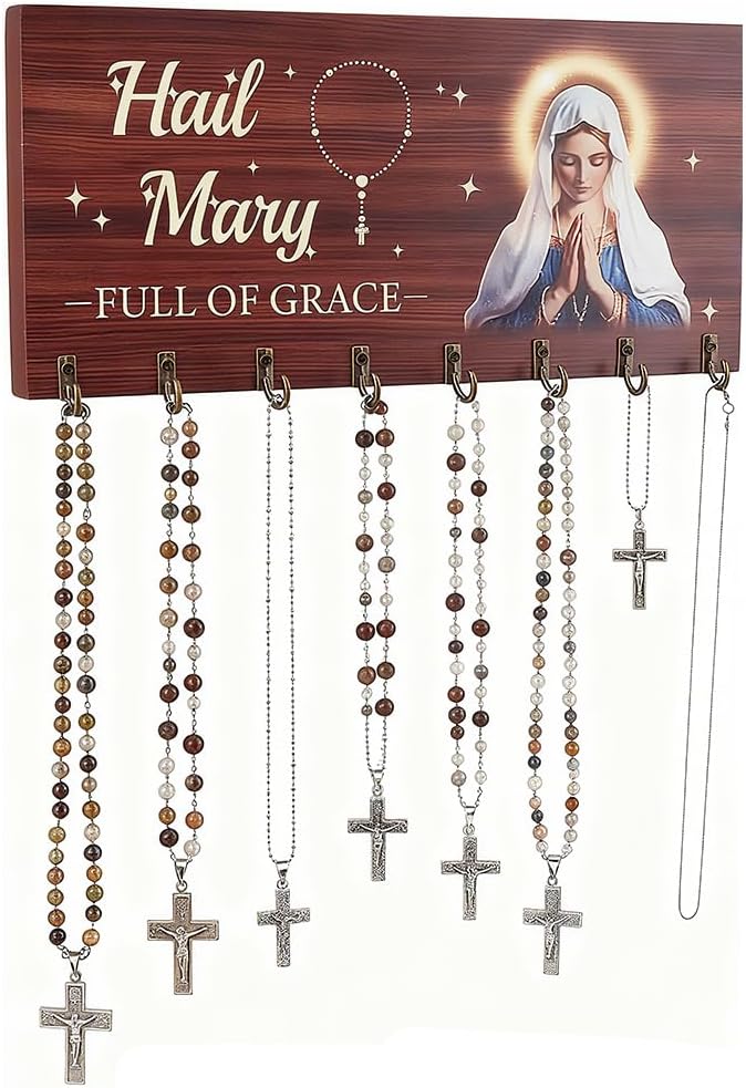 DICOSMETIC Wooden Rosary Holder Wall Mounted with 8 Hangers Wall Mounted Necklace Organizer Large Catholic Rosary Holder for Necklace, Bracelet Prayer Storage, 14x30x2.4cm