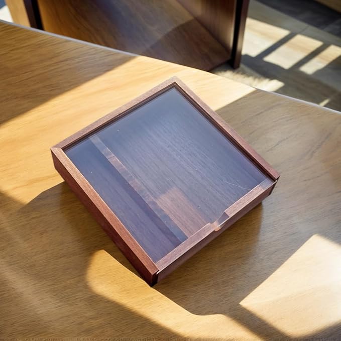 Walnut Wood Keepsake Box with Clear Acrylic Lid, Handmade Storage Box for Jewelry, Photos, Collectibles, Gifts (6.7 x 6.7 x 1.38 Inches)