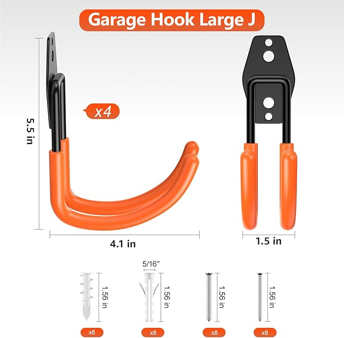Garage Hooks Heavy Duty, Rust-Resistant Solid Steel Wall Mount Hangers for Hanging Ladders & Bikes, Non-Slip PVC Coating Tool Organizer (4 Pack Orange 5.5x4.1 Inch)