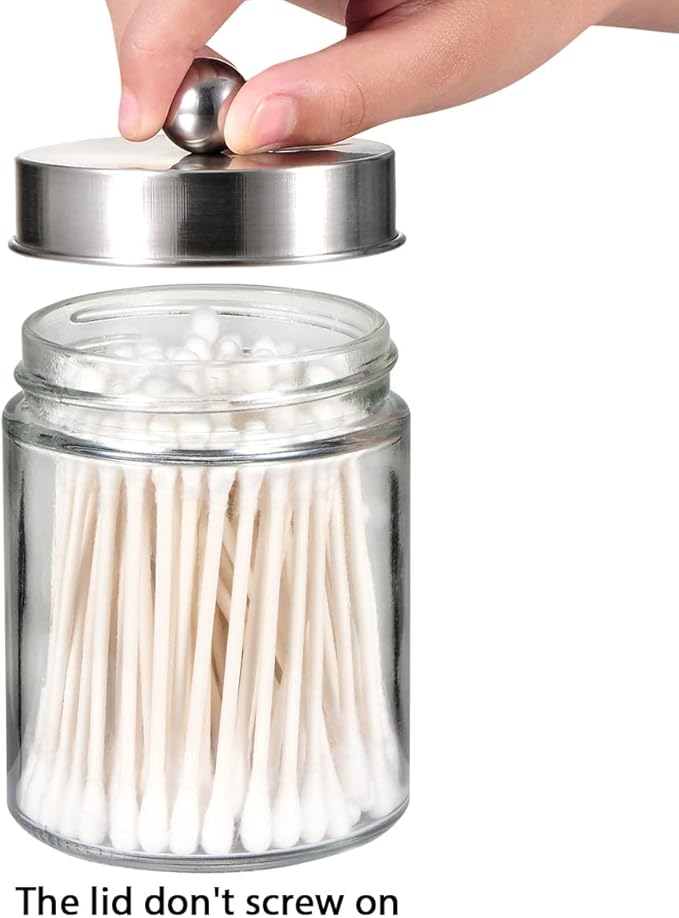 Amolliar 4Pc Apothecary Jars Bathroom Vanity Storage Organizer Set -Countertop Canister with Stainless Steel Lids &Stickers - Qtip Dispenser Holder for Qtip,Cotton Swab,Makeup Sponge (Brushed Nickel)