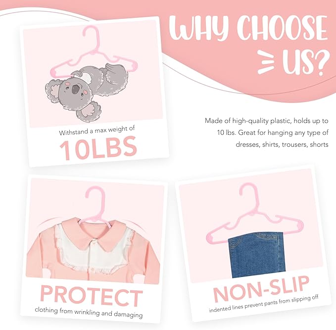 HOUSE DAY Plastic Baby Hangers for Closet 60 Pack, Durable Plastic Kids Hangers for Baby Clothes, Thin & Compact Childrens Hangers, Space Saving Pink Baby Hanger, Small Hanger for Kids Clothes